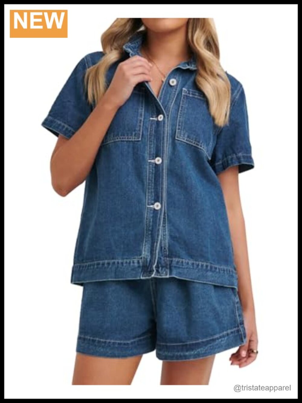 Denim 2 Piece Set Boxy Button Down Shirt & Shorts Casual Lounge Outfit